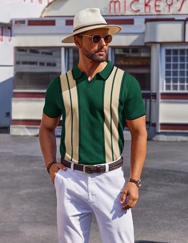 COOFANDY Mens Polo Shirts Striped Vintage Knit Polo Shirt Short Sleeve Old Money Clothes Retro Golf T Shirts