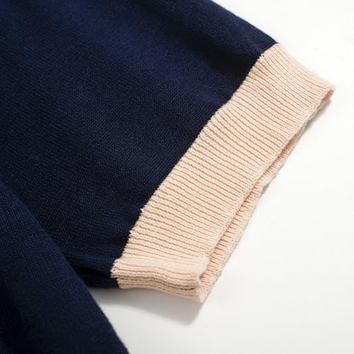 OXKnitstore OXKNIT Mens V-Neck Polo Shirt Knitted Shirt Dark Blue Short Sleeve Golf Shirt with Flower Pattern