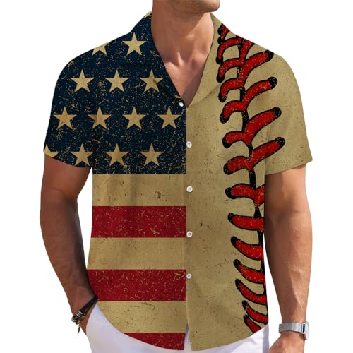 Vintage Baseball Mens Funny Hawaiian Shirts 3D Graphic Button Down Short Sleeve Tropical Holiday Beach Aloha Shirt