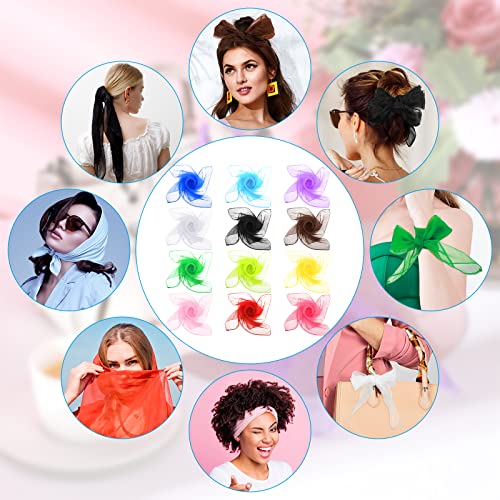 Haysandy 12 Pcs 50s Retro Chiffon Sheer Square Neck Head Scarf for Women Handkerchief Lightweight Satin Ribbon Hemmed Sheer Neck Scarf Juggling Dance, 27.5 x 27.5 Inches (Retro Color)