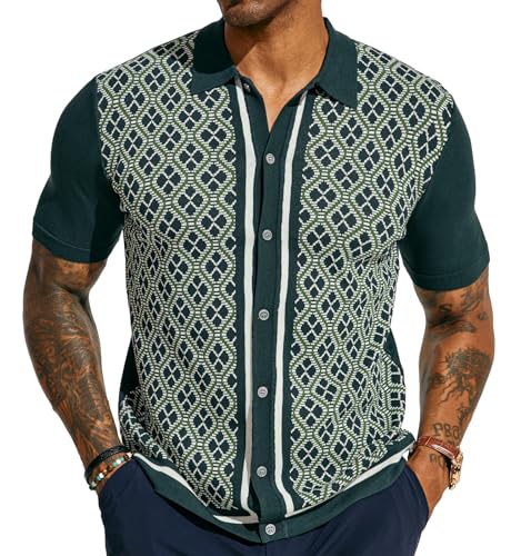 Men's Vintage Polo Shirts Lightweight Retro 70s Shirts for Men Knit Golf Shirts Green