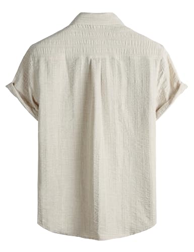 LucMatton Men's Vintage Bohemian Short-Sleeve Button-Down Shirt Casual Regular-Fit Striped Textured Summer Beach Tops Beige Large