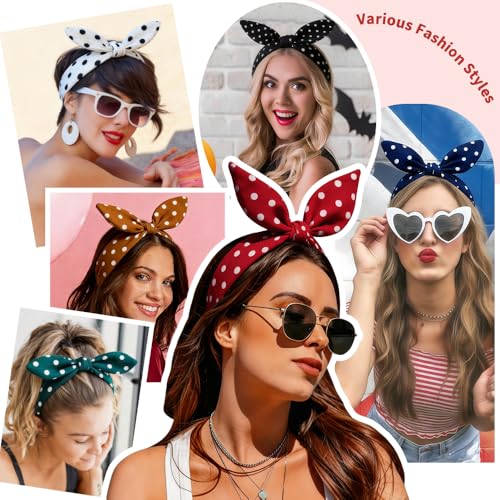 ELLOPH 6Pcs Polka Dot Headbands for Women with Adjustable Bow Classic Rosie The Riveter Headband Wide Knotted Hairband for 1950s Pin Up Outfits Cute Polka Dot Hair Accessories for Daily Workouts