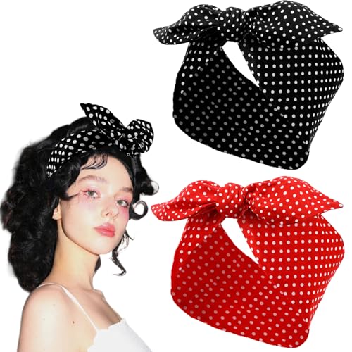 Aushamtai 2PCS Polka Dot Headbands for Women and Girls Bandana Headband 50s Costume Retro Hair Accessories Bow Wide Headwrap Wire Vintage Bandana Christmas Party Hair Accessories (Red and Black)