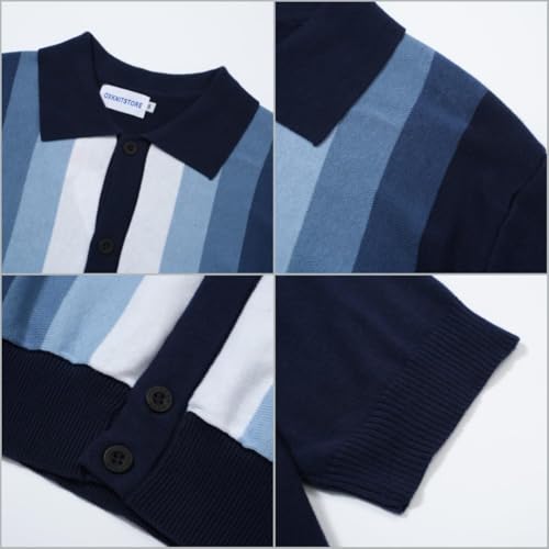 OXKNIT Men’s Knitted Vintage Polo, Gradient Stripe Short Sleeve Retro Polo Shirt for Men 60s&70s