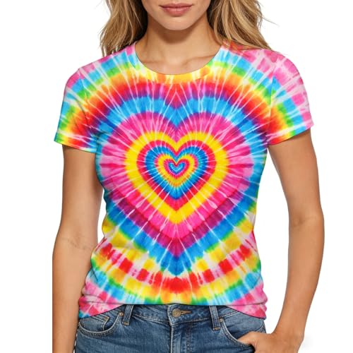 Harycnct Rainbow Heart Shirts for Womens Funny Retro Spiral Neon Tie Dye Tshirt Outfit 60S 70S Hippies Colored Tiedye Tee Tops Clothes Medium