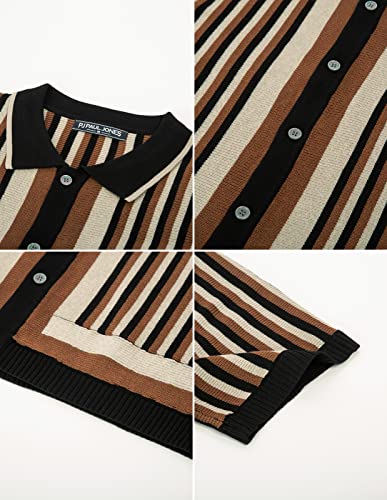 Old Men Striped Knit Polo Shirts Regular Fit 1970s Retro Shirt Casual Collared Italian Stylish Polos Short Sleeve Tops Black-Coffe