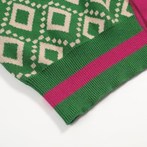 OXKNIT Men's Knit Short Sleeve Shirts Button Down 1960s Vintage Diamond Pattern Knitted Polo Shirt Green Cotton Polo