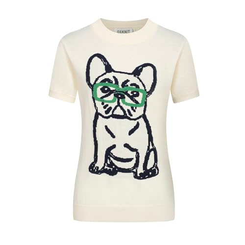 OXKNIT Women's Knitted T-Shirt Short Sleeve, 1960s Mod Style Hand-Drawn Dog Pattern Crewneck Tops White
