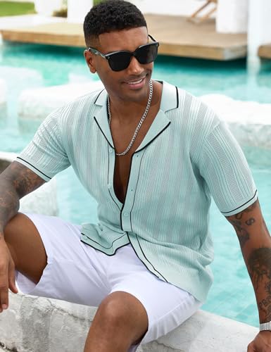 gigkik Men's Knit Button Down Shirt Short Sleeve Vintage Knitted Striped Summer Beach Tops Light Green S