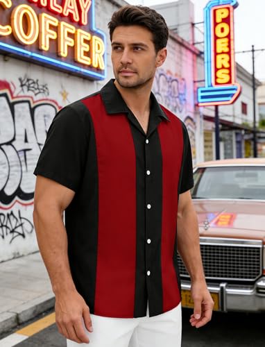 Men's Vintage Bowling Shirts 1950s Retro Short Sleeve Outfits Button Down Summer Cuban Beach Shirt Red