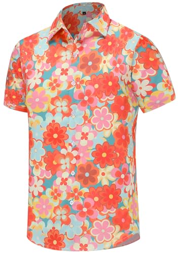 Anyluck 70s Outfits for Men Short Sleeve Casual Button Down 70s Shirts for Men 70s Disco Retro 70s Floral Hip Hop Shirts Paisley Shirt, Large