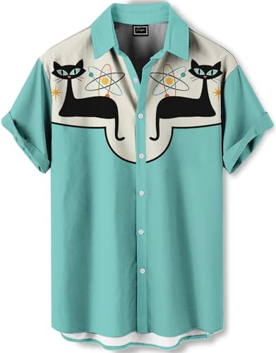 DADDYLOCO Retro Cat Print Button-Down Shirt, Mint Green with Atomic Design, Short Sleeve, Regular Fit
