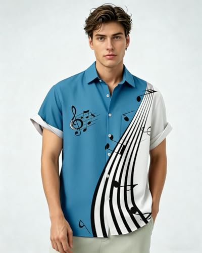 Gwnnb Bowling Shirts for Men Music Note Print Short Sleeve Casual Button Down Beach Retro Shirts