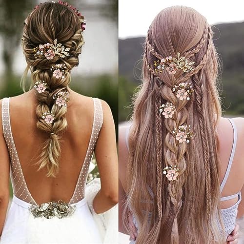 5 PCS Bridal Flower Wedding Hair Pins Crystal Pearl Hair Clips Headpiece Gold Wedding Hair Accessories Jewelry with Rhinestone for Brides Bridesmaids Women Girls Updo(Cherry Blossoms Pink)