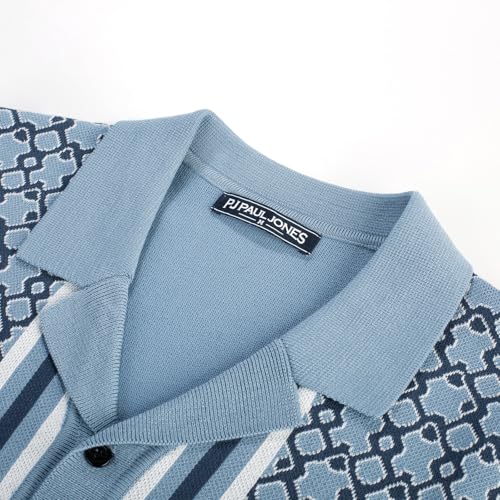 PJ PAUL JONES Men's Knit Polo Short Sleeves Shirts Button Down Summer Shirts 70s Retro Shirts Blue-Grey