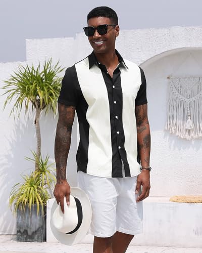 Aiyino Mens Vintage Bowling Shirt Retro Striped Button Down Beach Top Black
