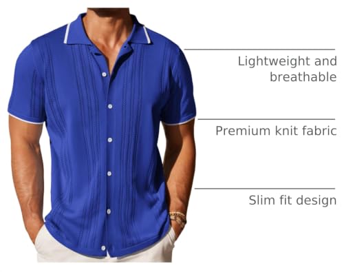 COOFANDY Men's Knit Button Down Shirt Vintage Short Sleeve Polo Shirts Casual Beach Tops Royal Blue