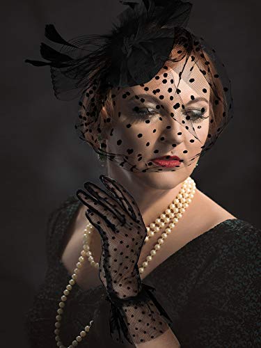 SATINIOR 50s Black Fascinators Hats for Women, Funeral Veil Polka Dot Hat Pillbox Cocktail Tea Party Headpiece and Lace Glove