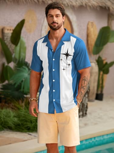 Hardaddy Men's Vintage Bowling Shirt 1950s Short Sleeve Casual Button Down Summer Beach Camp Collar Shirts Aqua Blue XL
