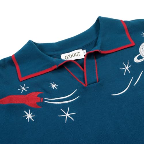 OXKNIT Men's Knit Short Sleeve Shirts Vintage Rocket Planet Embroidered Knitted Polo Shirt Blue V-Neck Cotton Mens Polo