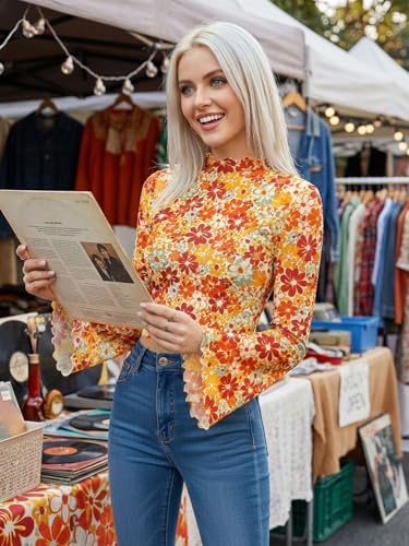 70s Women's Y2k Floral Bell Sleeve Crop Tops Disco Floral Hippie Shirt Top