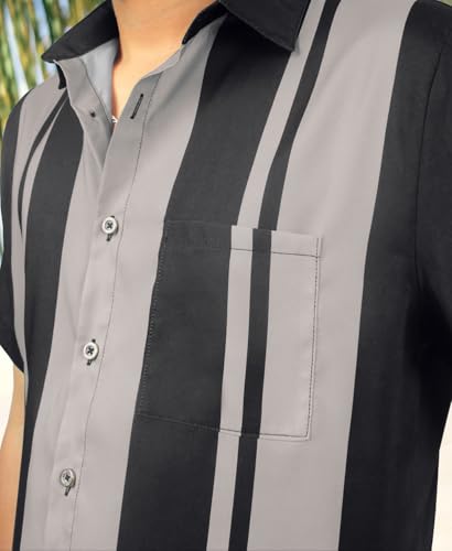 KYKU Bowling Shirt Short Sleeve Button Down Men Vintage Shirt 1950s Men's Clothing Grey XL