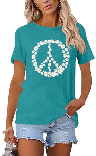 Peace Sign Love T-Shirt for Women Flower Graphic Shirt Hippie Short Sleeve 60s 70s Shirt Inspirational Tee Tops(Cyan,Medium)