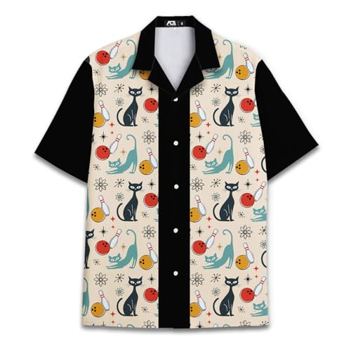 Retro Cat Bowling Vintage-Inspired 80s Hawaiian Shirts for Men 90s Hawaiian Shirts Short Sleeve Button Down Shirt