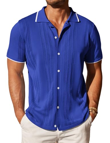 COOFANDY Men's Knit Button Down Shirt Vintage Short Sleeve Polo Shirts Casual Beach Tops Royal Blue
