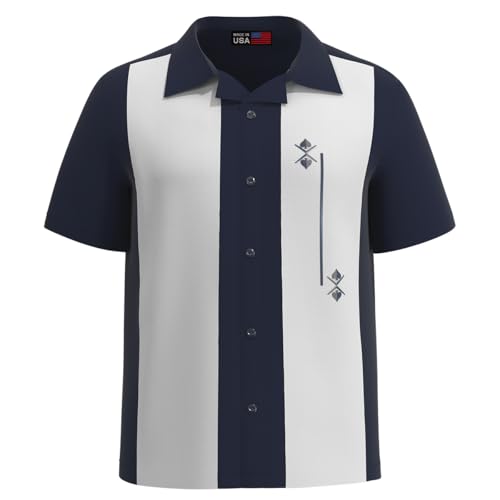 USA Made Lucky Paradise Mens Camp Shirt, Gauyabera Vintage Cuban Style Bowling Shirt Navy, White Button Up Retro Blue Ice