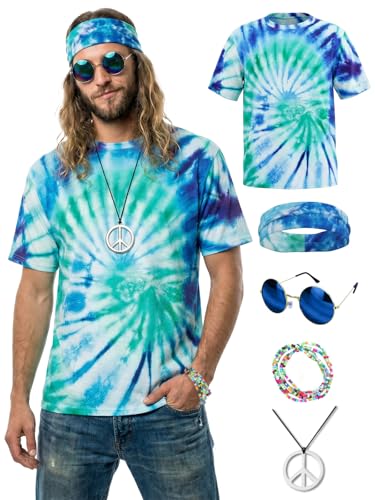 Wianja Hippie Costume for Men 60s 70s Hippie Outfits Tie Dye T-Shirt Wig Peace Necklace Accessories 5-piece