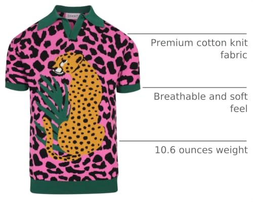 OXKNIT Men's Knitted Retro Poloshirt, 1960s Mod Style Vintage Short Sleeve Shirt with Animal Pattern Rose Red