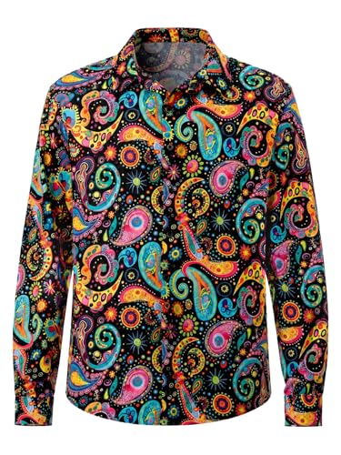 Dicxoser Men's 70s Disco Shirt (US, Alpha, Large, Regular, Regular, Orange)
