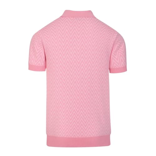 OXKNIT Men's Retro Knitted Poloshirt, 1960s Mod Vintage Texture Polo Cotton Short Sleeve with Quarter Button Pink