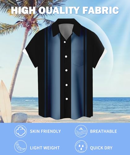 Mens Bowling Shirt Vintage 1950s Retro Short Sleeve Casual Button Down Shirts Bowling Black Blue XL
