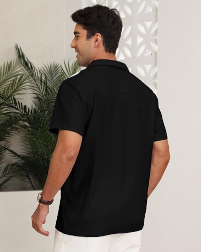YTD Men's Vintage Bowling Shirt Short Sleeve Button Down Summer Cuba Beach Shirts Black White