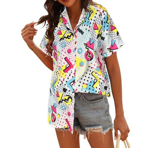 80s 90s Outfits for Women Hawaiian Retro Party Disco Neon Outfits Neon Short Sleeve Button Down Blouse Tops B White M