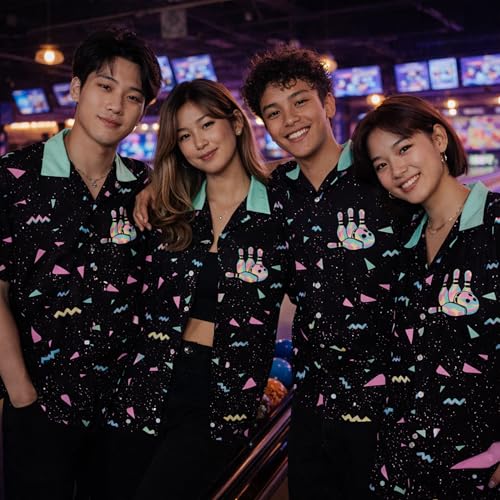 Retro Neon Bowling Hawaiian Shirt for Men 80s Style Strike Bowling Ball Shirt Tropical Aloha Button Down Summer Party Shirt