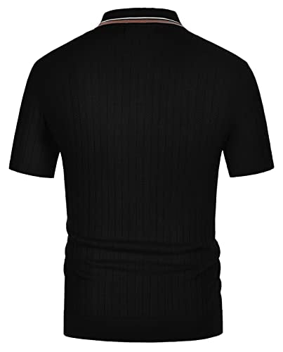 PJ PAUL JONES Mens 1960s Vintage Polo Shirts Contrast Lapel Collar Button Up Polo Sweaters Bowling Shirt Lightweight Black M