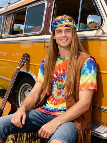 Treature Hippie Costume for Men 60s 70s - Tie Dye Shirt with Fringe Vest & Wig Set, Retro Outfit Complete with Headband for Carnival (7pcs Set, XL)
