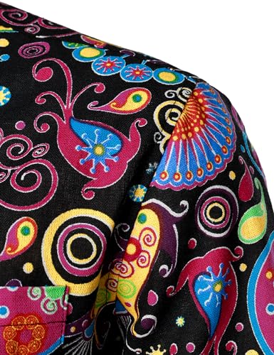 PARKLEES Men's Linen 70s Hippie Style Floral Print Shirt Short Sleeve Button Down Hawaiian Shirts Multicolor Large