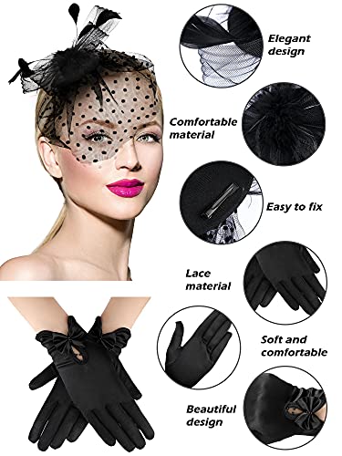 Geyoga 50s Fascinator Hat for Women Funeral Veil Hat Pillbox Cocktail Tea Party Headpiece and Lace Glove(Black,Elegant Style)