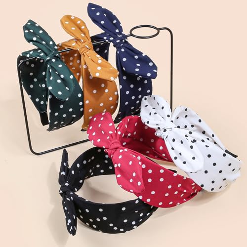 WJYX BOWS 6pcs Polka Dot Bow Headbands Vintage Retro Bunny Ears Hair Hoop