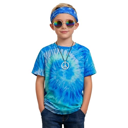 FechDitchly Retro 60s 70s Hippie Boys Costume Set 4Pcs Disco Party Outfit with Tie-Dye Shirt, Peace Necklace for Kids Ages 4-12 Years (Blue, S)