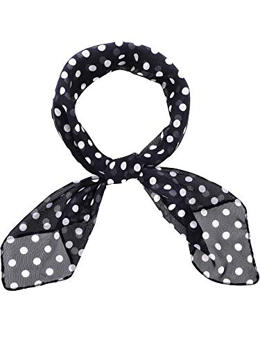 Boao 1 Pcs Polka Dot Scarf 1950s Chiffon Scarf Retro Hair Tie Sheer Square Neck Head Vintage Neckerchief for Women (Black with White Dots)