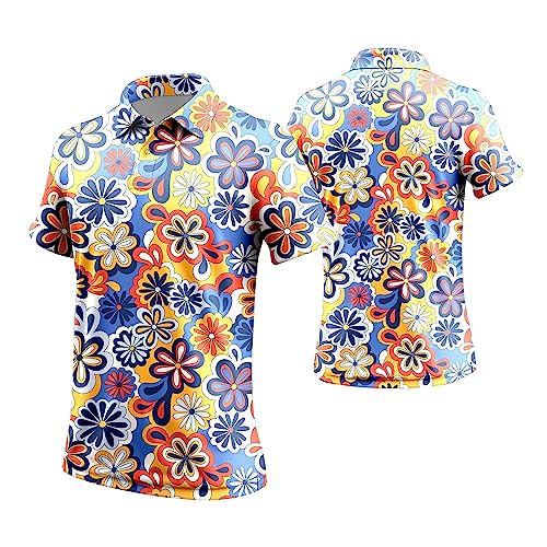 ZePinger Hippie Flower 70s Shirts for Men - Retro Short Sleeve Golf Shirt