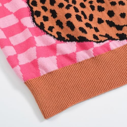 OXKNIT Men's Knitted Retro Poloshirt, 1960s Mod Style Vintage Plaid Shirt with Animal Pattern Rose Red