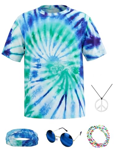Wianja Hippie Costume for Men 60s 70s Hippie Outfits Tie Dye T-Shirt Wig Peace Necklace Accessories 5-piece
