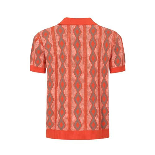 OXKNIT Men's Polo Shirts 60s Vintage Shirts Knitted Retro Polo Shirts Short Sleeve V-Neck Summer Shirt Grey-red